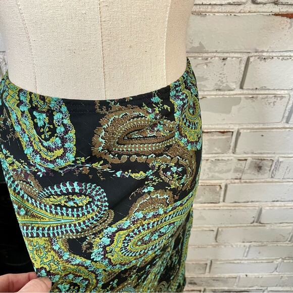 Vintage 90s Wrapper Green Brown Metallic Paisley Flowy Low Rise Mini Skirt - Picture 8 of 12